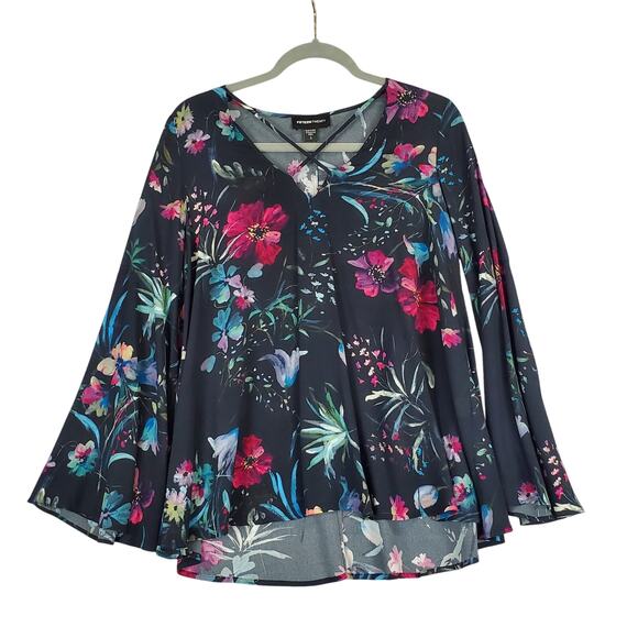 FT Fifteen Twenty Tops - Retro Black Floral Bell Sleeve Top Fairy Whimsigoth Blouse Oversized Sm V-Neck